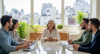 Una mujer de mediana edad con cabello gris sentada al centro de una mesa blanca, rodeada por cuatro colegas en una oficina luminosa con vista a la ciudad.