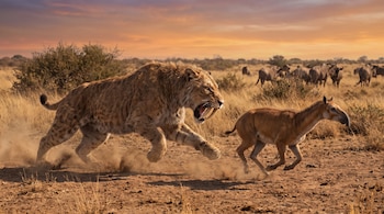 Tigre dientes de sable corriendo detrás de una presa pequeña en un paisaje árido con polvo. Varios ñus y arbustos en el fondo bajo un cielo de atardecer.