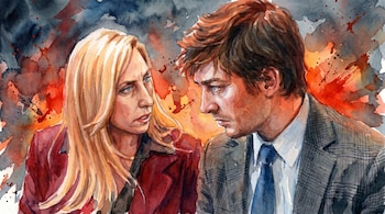 Pintura en acuarela de Karina Milei, una mujer rubia, y Santiago Caputo, un hombre de cabello oscuro, mirándose con expresiones tensas sobre un fondo abstracto rojo y azul.