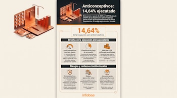 Infografía con cifras de ejecución presupuestaria e ilustraciones tridimensionales de pastillas, condones y dispositivos intrauterinos.