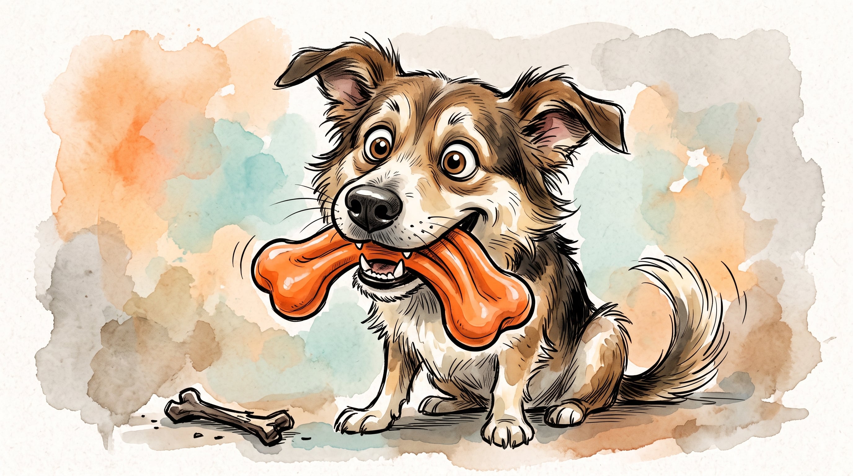 Un perro mestizo muerde un juguete de goma flexible con forma de hueso mientras mantiene apartado un hueso rígido en el suelo (Imagen Ilustrativa Infobae)