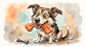 Un perro mestizo muerde un juguete de goma naranja con forma de hueso, mientras un hueso rígido yace en el suelo sobre un fondo de acuarela.