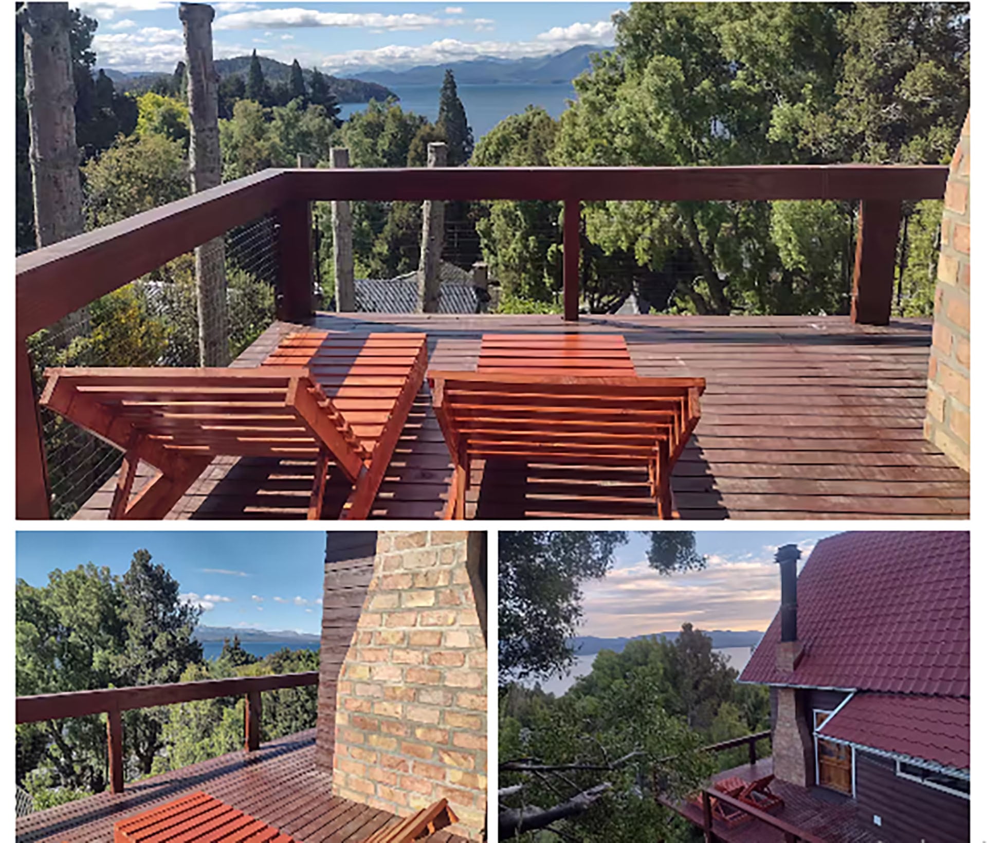 La cabaña tiene un amplio deck de madera, ideal para contemplar el bosque y el lago