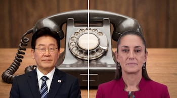 Imagen dividida con Lee Jae-myung (izquierda) y Claudia Sheinbaum (derecha) frente a un teléfono de disco antiguo sobre un fondo de madera.