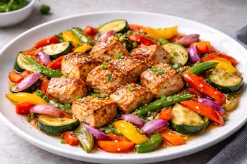 Salmón salteado con verduras