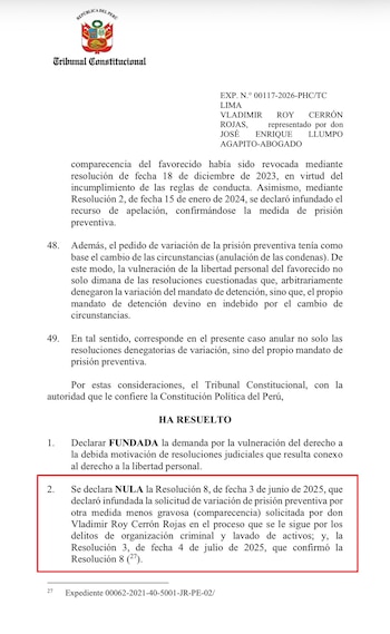 Documento legal del Tribunal Constitucional del Perú con texto que detalla la anulación de una resolución de prisión preventiva para Vladimir Cerrón