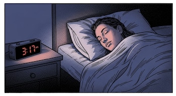 Ilustración de una persona con cabello oscuro durmiendo tranquilamente en una cama en una habitación oscura. Un reloj digital en la mesita de noche marca 3:17 AM.