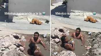Pareja se vuelve viral al combatir el calor al usar pozo de aguas negras como spa