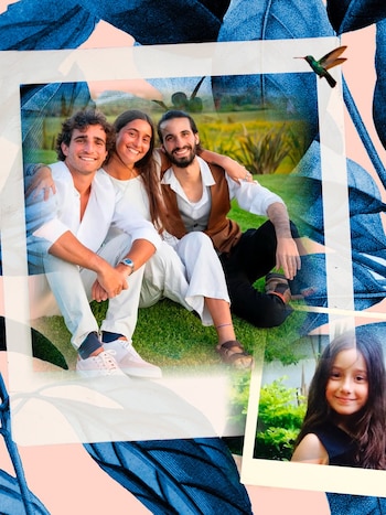 Collage de fotos con un fondo de hojas azules y un colibrí; incluye a tres jóvenes sonrientes sentados en el césped y un retrato de una niña