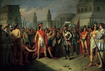 "Prisión de Guatimocín, último emperador de los mejicanos, por las tropas de Hernán Cortés, y su presentación a este en la plaza de Méjico", de Carlos María Esquivel (1856)