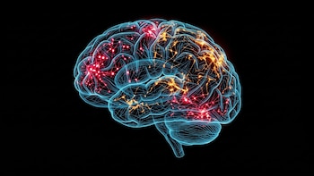 Modelo tridimensional de un cerebro humano en tono azul cian con conexiones brillantes de color rojo y naranja sobre fondo oscuro