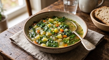 Sopa de acelgas, patatas y zanahorias en un plato hondo con cuchara, sobre un paño de tela en una mesa de madera con pan y un vaso.