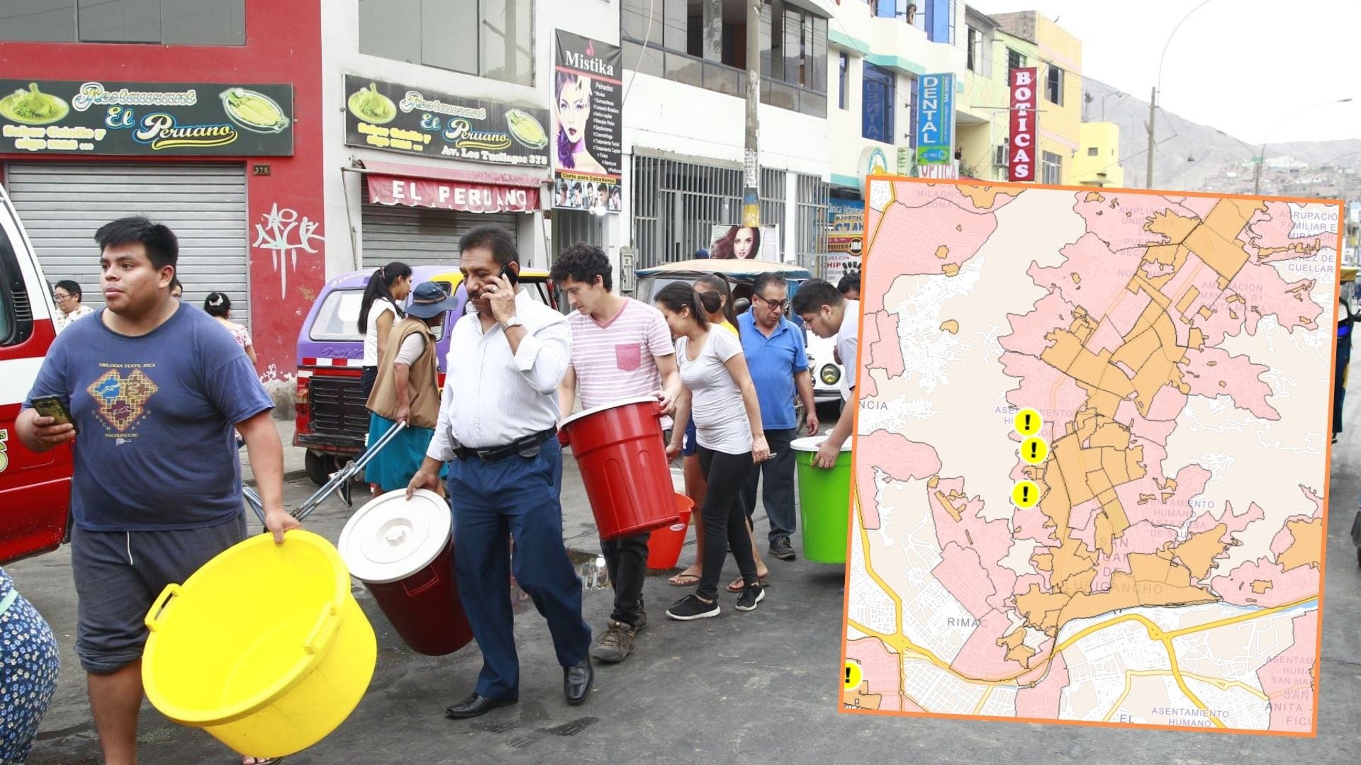 Vecinos del distrito de San Juan de Lurigancho hacen filas en un pusto de abastecimiento de agua en un corte de agua masivo del 2023. (Andina)