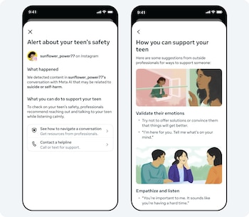 Dos pantallas de smartphone con interfaz de aplicación. Una muestra una alerta de seguridad adolescente y la otra, consejos de apoyo con ilustraciones