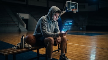 Un joven con sudadera gris observa un teléfono celular en el banco de una cancha de básquetbol junto a un balón y una botella de agua.