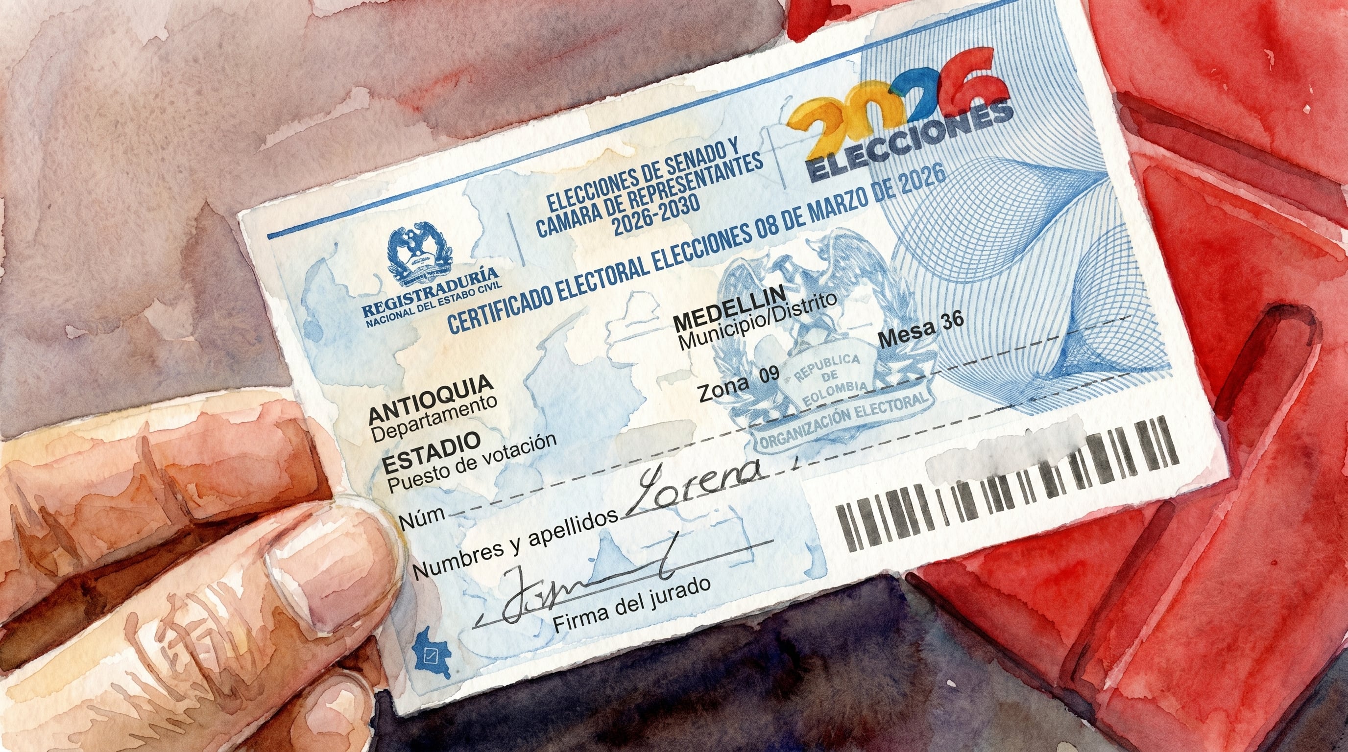 Una acuarela profesional ilustra un certificado electoral colombiano para las elecciones de Senado y Cámara de Representantes 2026-2030, con detalles de Medellín y una mano que lo sostiene. (Imagen Ilustrativa Infobae)