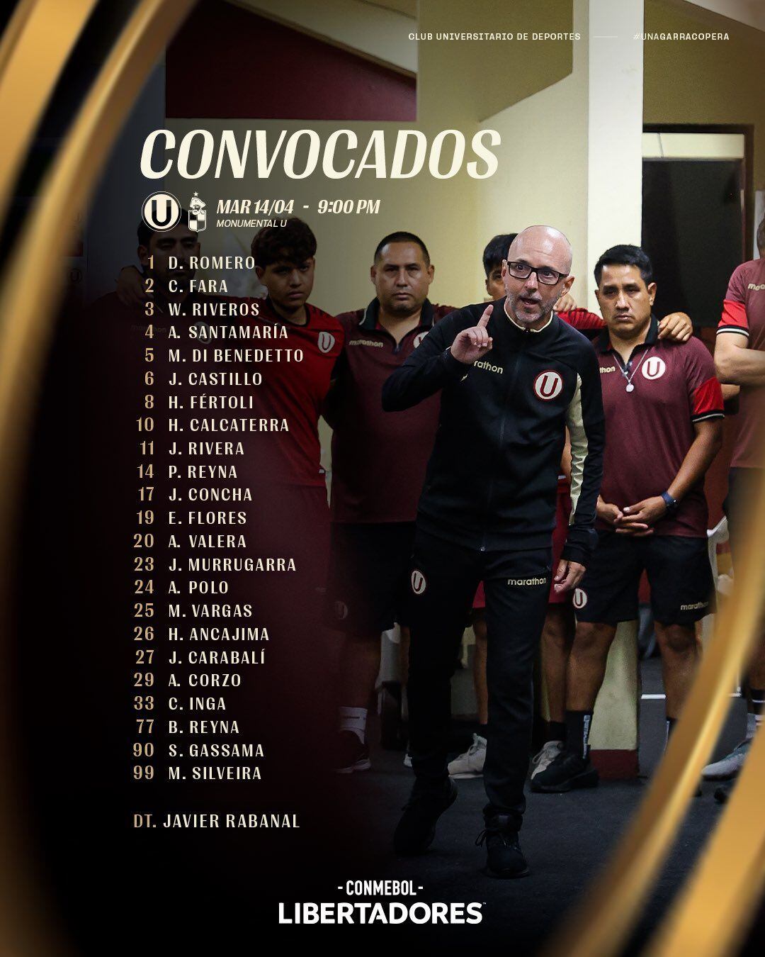 El director técnico Javier Rabanal presenta la lista oficial de convocados del Club Universitario de Deportes para el próximo partido de la Conmebol Libertadores 2026, en un momento de gran expectativa. (@Universitario)