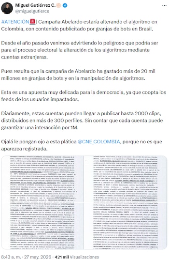 Acusan a la campaña de Abelardo de controlar redes sociales con granjas de bots desde Brasil - crédito @miguelgutierce/X