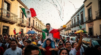Un hombre sobre los hombros de otro sujeta una bandera de México y una pelota amarilla, rodeado por una multitud con banderas, confeti y serpentinas.