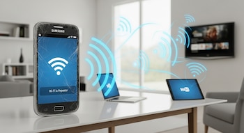 Un celular Samsung Android antiguo con pantalla agrietada muestra "Wi-Fi is Repeater" sobre una mesa, enviando ondas WiFi a una laptop, tablet y TV.