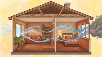 Sección transversal de una casa con sala y dormitorio amueblados. Flechas azules muestran el flujo de aire que ingresa y expulsa partículas y humo por ventanas abiertas.