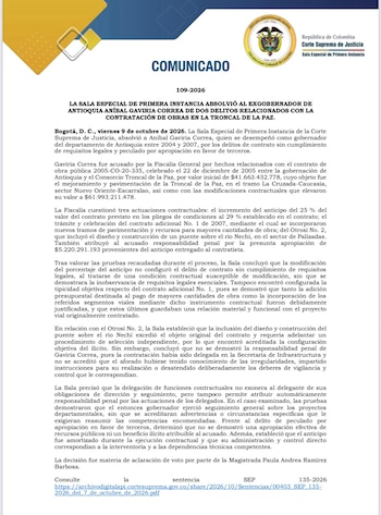 El tribunal determinó que no existieron pruebas de una omisión deliberada en los deberes de vigilancia del exmandatario Aníbal Gaviria sobre la obra del río Nechí - crédito Corte Suprema de Justicia