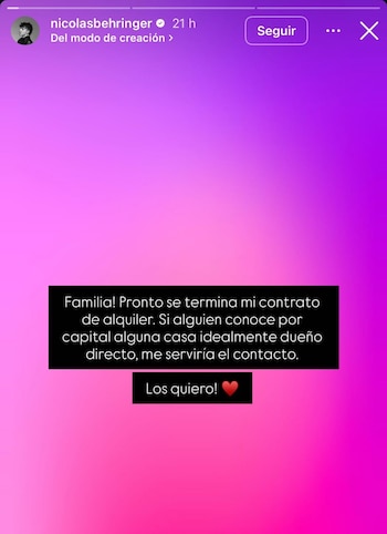 El posteo de Nicolás Behringer que da cuenta de su situación económica actual