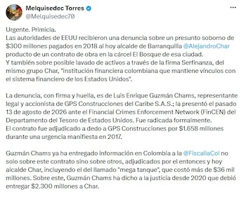 Un empresario colombiano radica un informe ante el Departamento del Tesoro de Estados Unidos por supuestos pagos irregulares ligados a un contrato carcelario en Barranquilla y por eventuales maniobras con una firma relacionada con Serfinanza - crédito @Melquisedec70/X