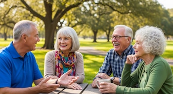 Cuatro adultos mayores, dos hombres y dos mujeres, sentados en una mesa de picnic de madera en un parque soleado, conversando y sonriendo.