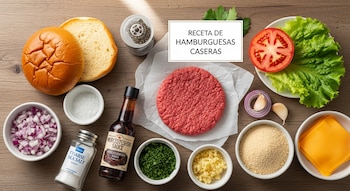 Pan de hamburguesa, carne molida, lechuga, tomate, cebolla, ajo, queso, sal, salsa Worcestershire, perejil, cebolla picada, ajo picado, pan rallado y texto Receta de Hamburguesas Caseras.