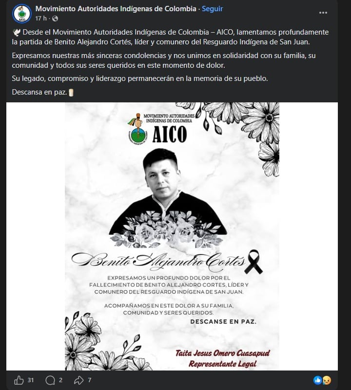 Con este comunicado de prensa se confirmó que el migrante colombiano resultó ser líder de un resguardo indígena en Ipiales, Nariño - crédito Movimiento Autoridades Indígenas de Colombia/Facebook