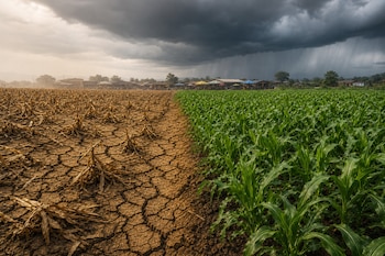 Tierra agrietada con plantas secas a la izquierda y plantas verdes de maíz bajo nubes negras con lluvia a la derecha.