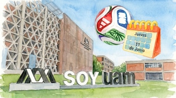 Ilustración acuarela de un edificio moderno, el logo 'Soy UAM', un balón de fútbol flotante y un calendario con la fecha 'Jueves 11 de Junio' en un cielo azul.