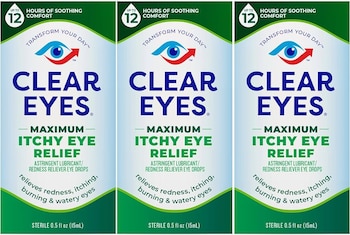 Tres cajas idénticas de gotas oculares Clear Eyes, con textos que mencionan alivio para picazón, enrojecimiento, ardor y ojos llorosos