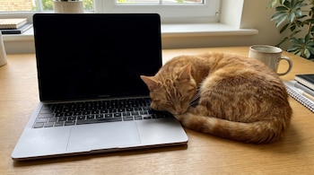 Un gato atigrado de color jengibre duerme acurrucado en un escritorio de madera, al lado de una laptop plateada con la pantalla en negro.