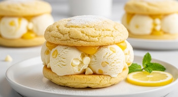 Sándwich de helado de limón con galletas, relleno de helado y salsa de limón, espolvoreado con azúcar glas, adornado con menta y rodaja de limón.
