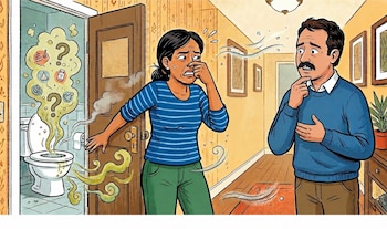 Ilustración de una mujer tapándose la nariz por un mal olor que sale de un inodoro. Un hombre con bigote la mira preocupado desde el pasillo
