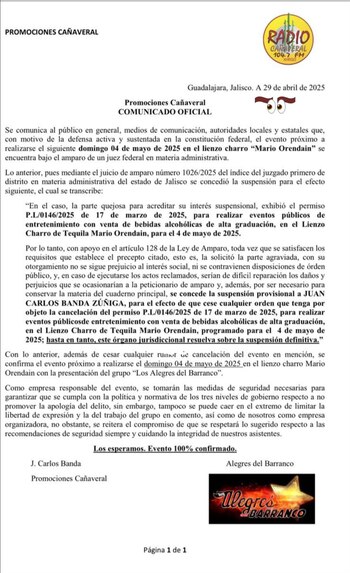 Comunicado de la promotora sobre