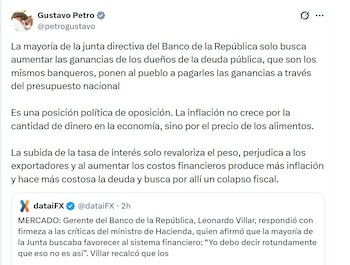 Gustavo Petro aseguró que la mayoría de la Junta del Banco de la República busca aumentar las ganancias de los dueños de la deuda pública a costa del presupuesto nacional - crédito @petrogustavo/X