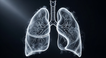 Un par de pulmones humanos transparentes con tráquea y bronquios, compuestos de humo y partículas, sobre un fondo oscuro con un haz de luz lateral.
