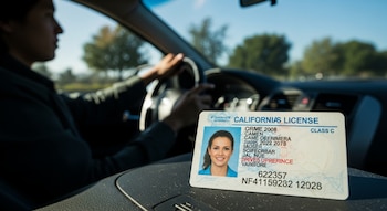Primer plano de un permiso de conducir de California sobre el tablero de un coche, con un conductor al volante y la carretera al fondo.