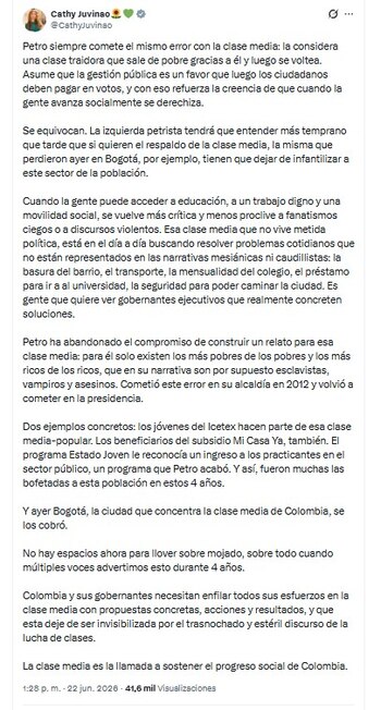 La representante Cathy Juvinao cuestionó la interpretación del presidente Gustavo Petro sobre los resultados preliminares de las elecciones - crédito @CathyJuvinao/X