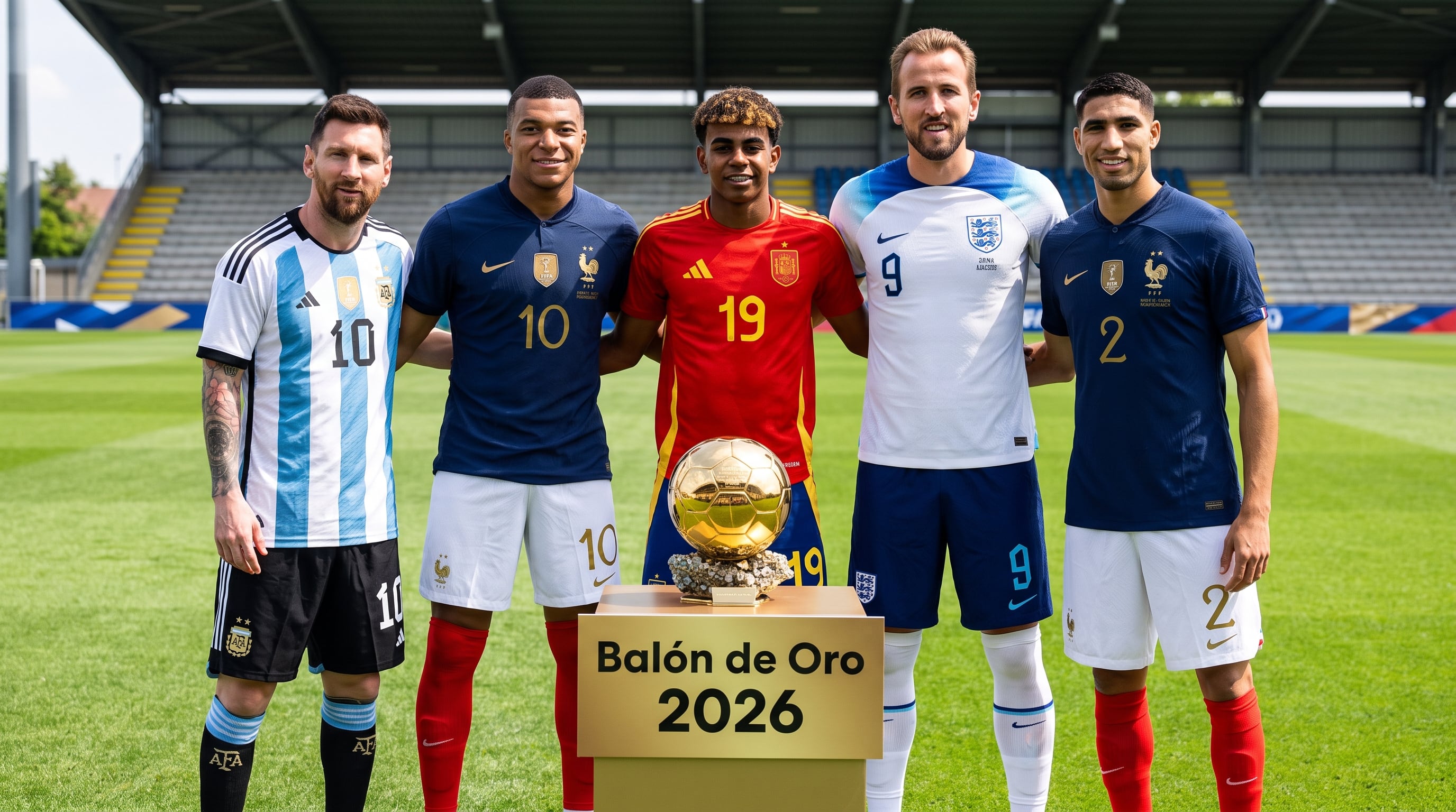 Lionel Messi, Kylian Mbappé, Lamine Yamal, Harry Kane y Achraf Hakimi posan junto al trofeo del Balón de Oro 2026 en un campo de fútbol. (Imagen Ilustrativa Infobae)