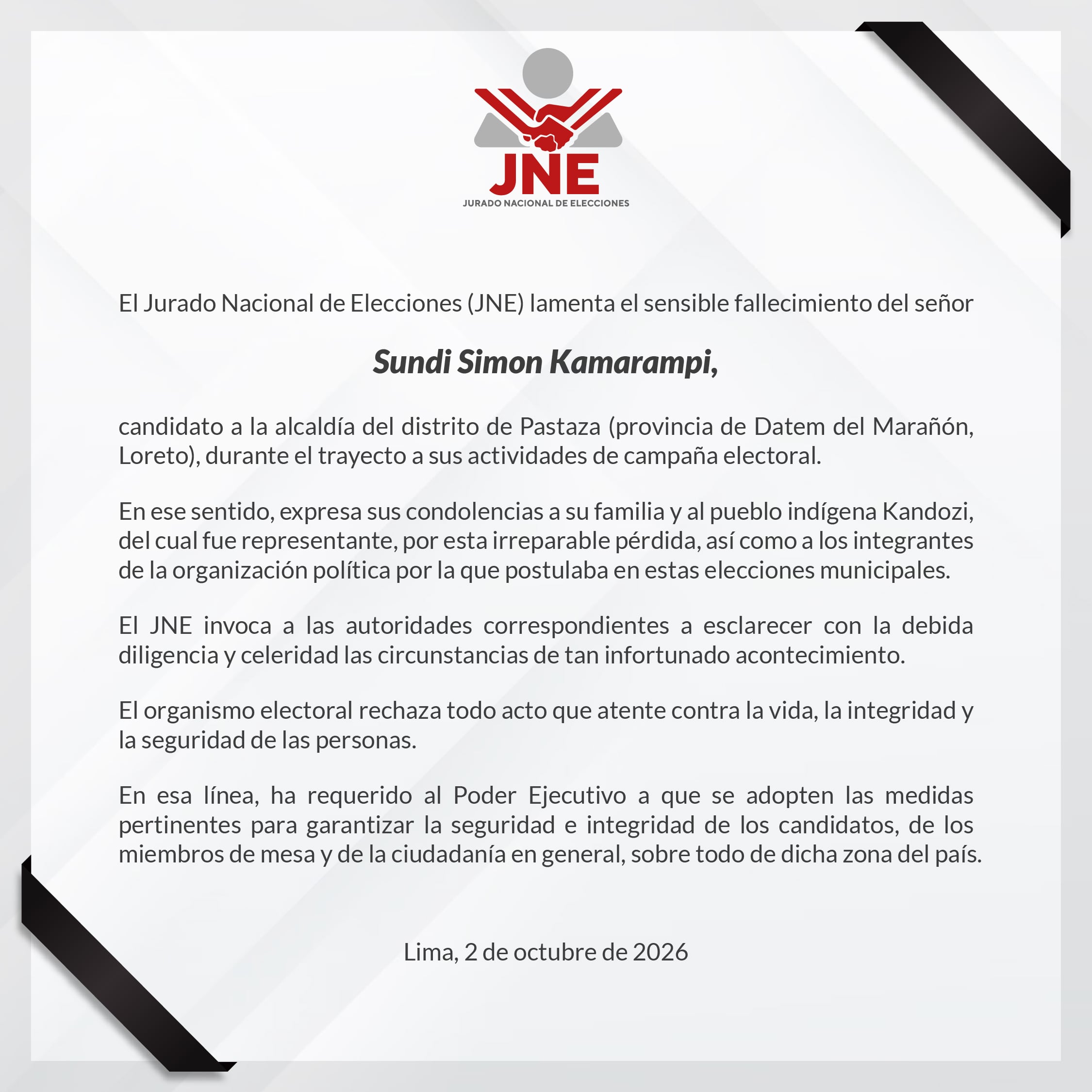 El Jurado Nacional de Elecciones expresa sus condolencias por la muerte de Sundi Simon Kamarampi, candidato a la alcaldía del distrito de Pastaza, en Loreto. (JNE)