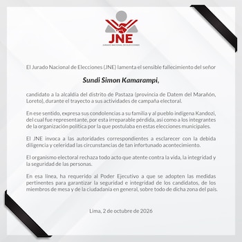Comunicado del Jurado Nacional de Elecciones con logotipo, cintas de luto y texto sobre el fallecimiento de Sundi Simon Kamarampi