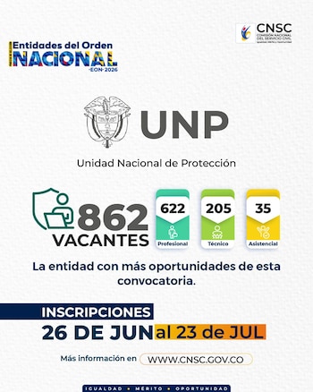 La oferta total de empleo público de la UNP suma 940 vacantes, distribuidas entre cargos abiertos y de ascenso en los niveles profesional, técnico y asistencial - crédito Cnsc/X
