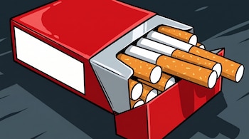 Una cajetilla de color rojo abierta con un espacio blanco en la parte frontal y varios cigarrillos con filtro naranja.