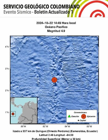 Reporte sismo en el Oceano Pacífico en Colombia, el 22 de octubre de 2024 - crédito @sgcol/X
