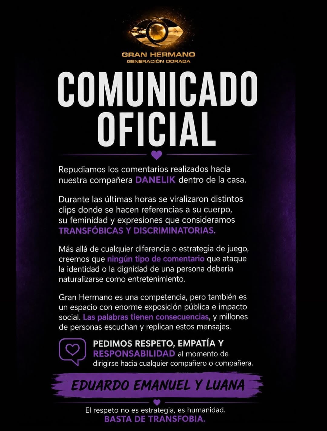 La familia de Danelik emitió un comunicado oficial exigiendo empatía y condenando los dichos transfóbicos hacia la concursante de Gran Hermano