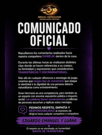 La familia de Danelik emitió un comunicado oficial exigiendo empatía y condenando los dichos transfóbicos hacia la concursante de Gran Hermano
